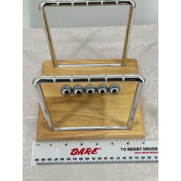 Newtons Cradle Desk Toy With Chrome Frame & Wooden Base - Picture 6 of 8